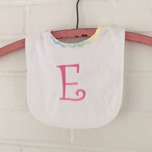 Embroidered Initial “E” White Terrycloth Baby Bib
